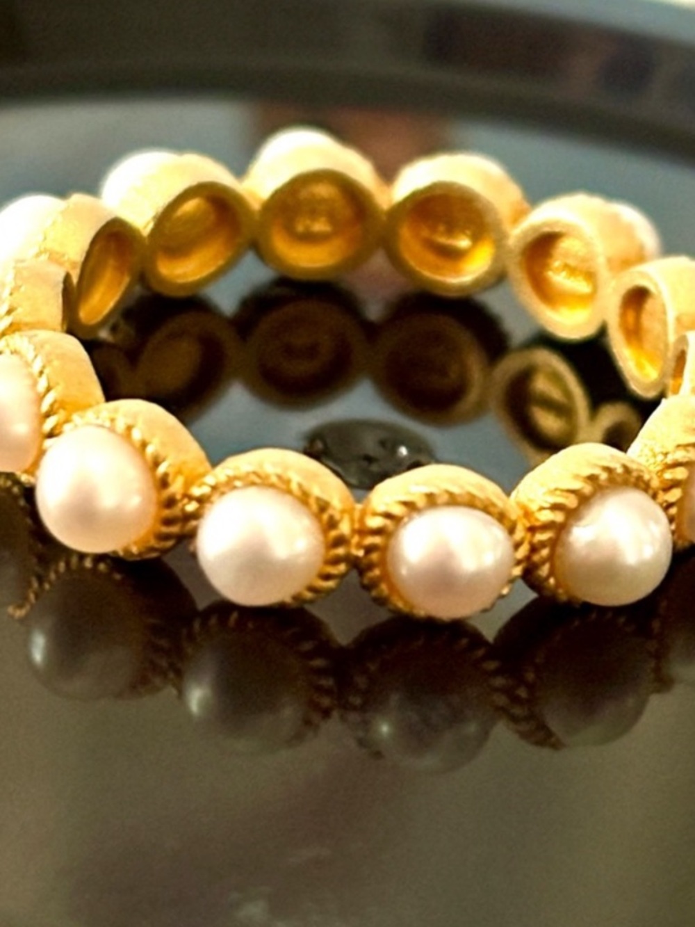 Gold and White Pearl Women's Ring - Classic Beaded Band